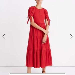 Madewell Tie-Sleeve Tiered Midi Dress in Swiss Dot